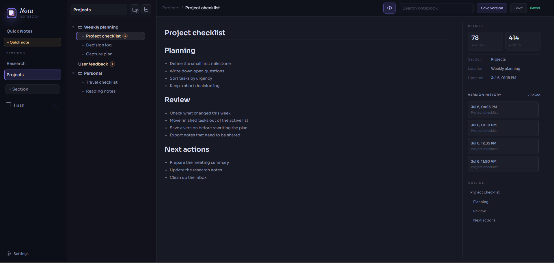 Nota Notebook workspace showing folders, a Markdown note, version history, and outline navigation.